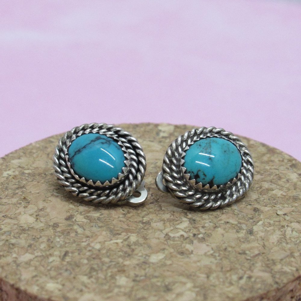 Vintage Sterling Clip Earrings With Turquoise